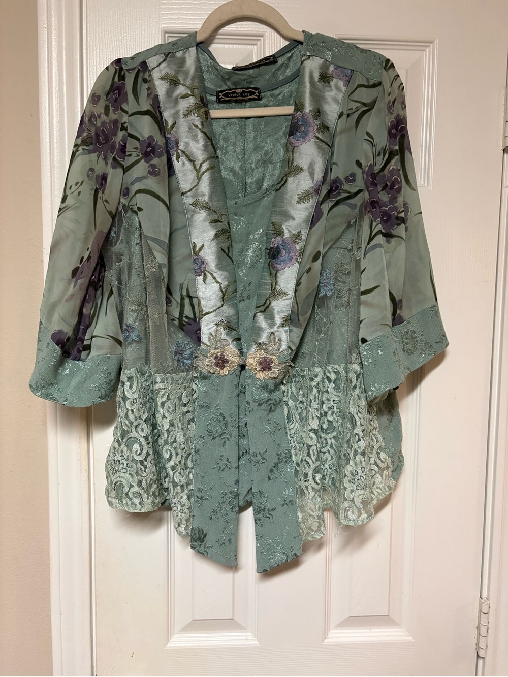 Violet Kay Sage Green 2pc Twin Set Sheer Floral Lace Cardigan Blouse